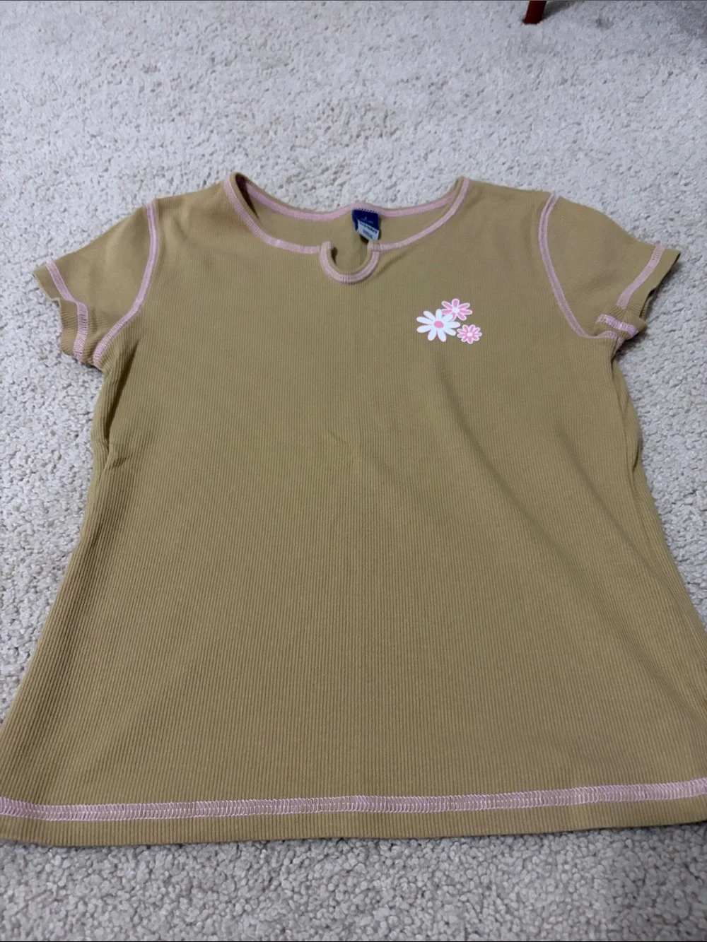 Old Navy Tan Short Sleeve Ribbed Tee with Pink Contrast and Daisy Graphic